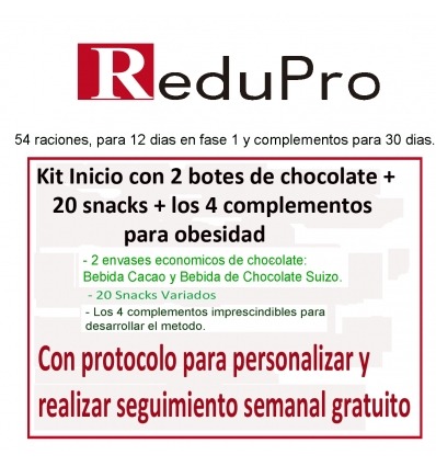 Kit Inicio ReduPro de 2 botes choco.+20 snacks variados+4 complementos. con protocolo para PERSONALIZAR para obesidad.