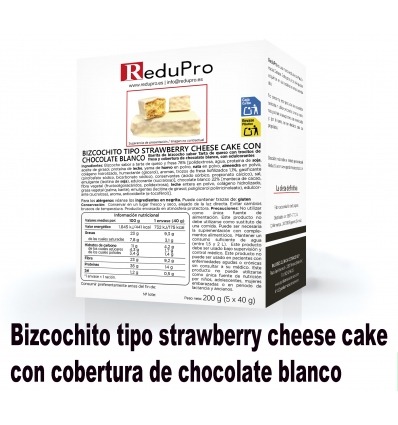 ReduPro Bizcochito Strawberry cheese Cake con cobertura de chocolate blanco, 1 caja 5 raciones