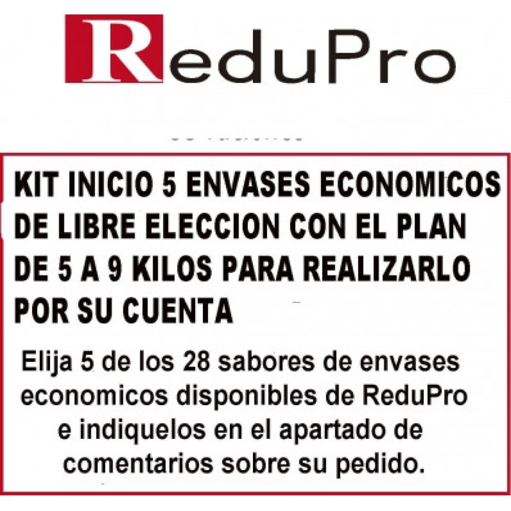 .ReduPro Kit inicio con 5 envases economicos de libre eleccion con plan para perder de 5 a 9 kilos.