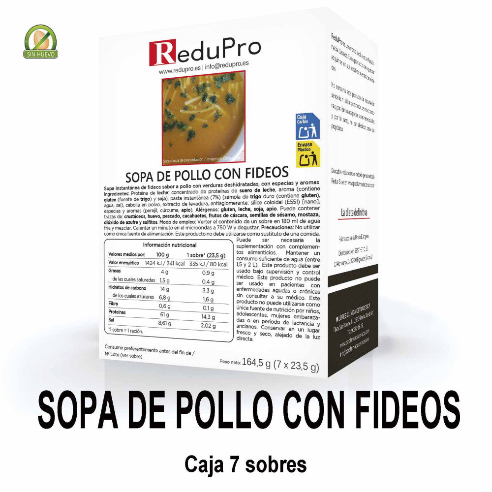 ReduPro Sopa de Pollo con Fideos, caja con 7 sobres