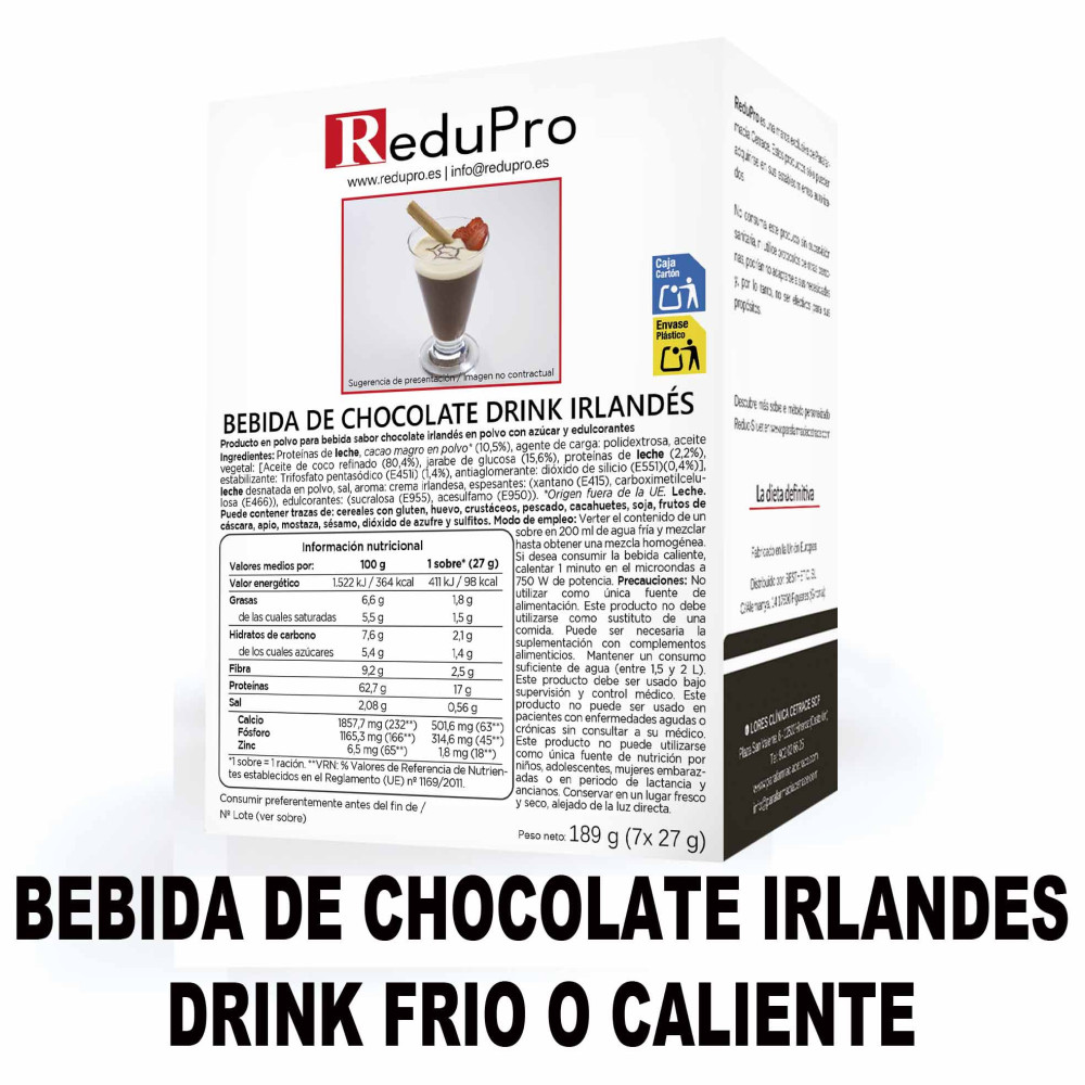 REduPro Bebida de Chocolate IRLANDES DRINCK frio o caliente, caja 7 sobres