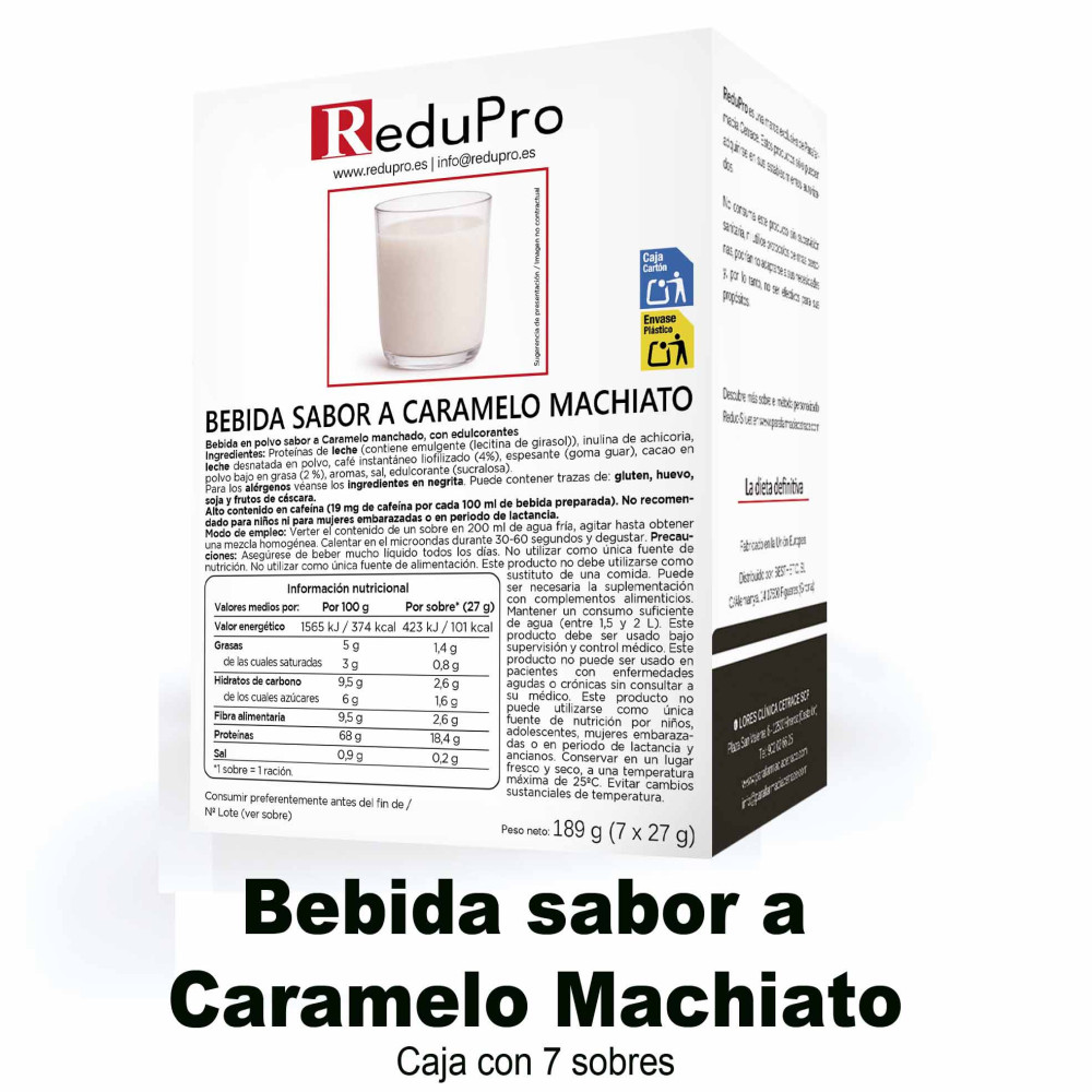 ReduPro BEBIDA SABOR A CARAMELO MACHIATO. caja con 7 sobres