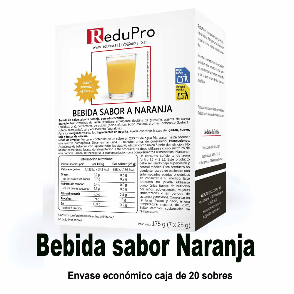 ReduPro Bebida de Naranja NUEVO en ENVASE ECONOMICO caja 20 sobres